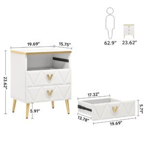 Tribesigns 3-Drawer Nightstand Set of 2, Luxury Bedside Table End Table with Storage Drawers and Golden Legs, Modern Nightstand for Bedroom, Gold and White