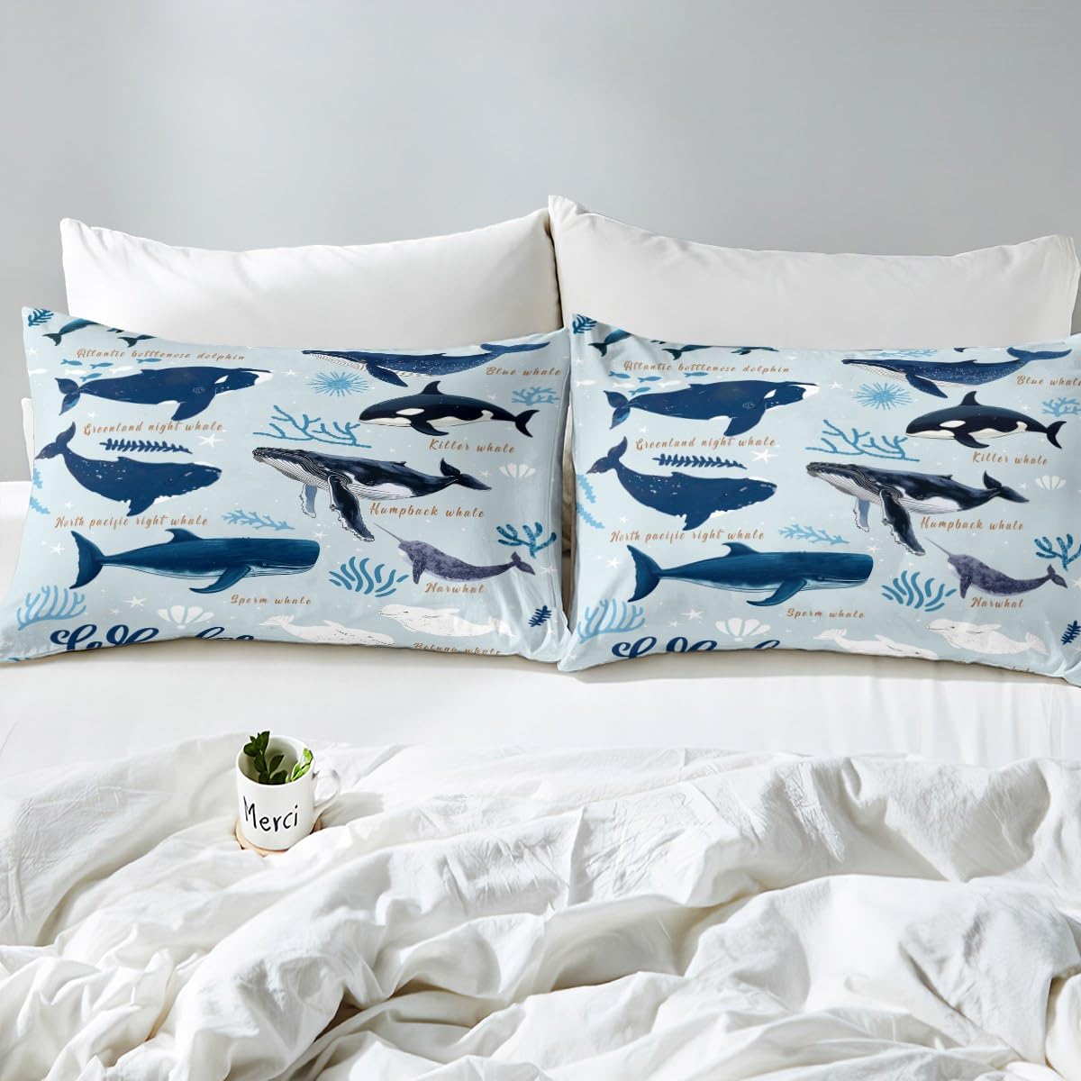 Whale Fitted Sheet Twin for Kids Boys Girls,Coastal Sea Animal Seal Sea Lion Dolphin Bedding Set,Beach Ocean Creatures Under The Sea Bed Sheets,Tropical Nautical Sea Life Whale Bed Set