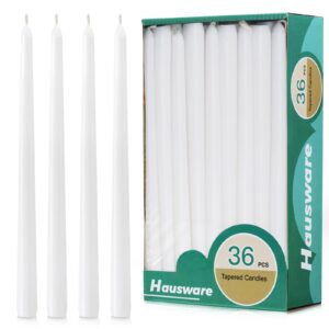 hausware 36 pack white taper candles, 8 hour burn time,unscented dripless and smokeless, 10 inch elegant premium quality dinner candle for home décor, restaurant, wedding, party candlesticks