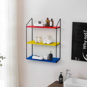 fusehome floating shelves for wall, small wood display shelves rack for collectibles toys, 3 tier hanging shelf wall decor for living room, storage shelf for bedroom, kitchen, balcony, mondrian color