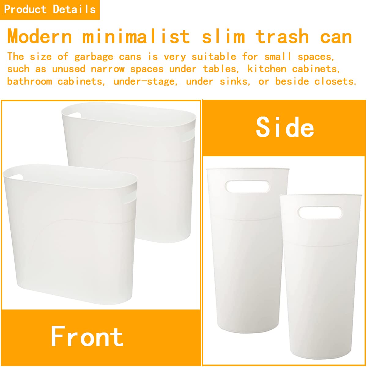 LOSYHU 2 Pack Small Narrow Trash Can with Handles 3.2 Gallon/12 L White Slim Waste Basket Office Narrow Garbage Bin Slim Garbage Container Bin Fits Bathroom, Under Desk, Home