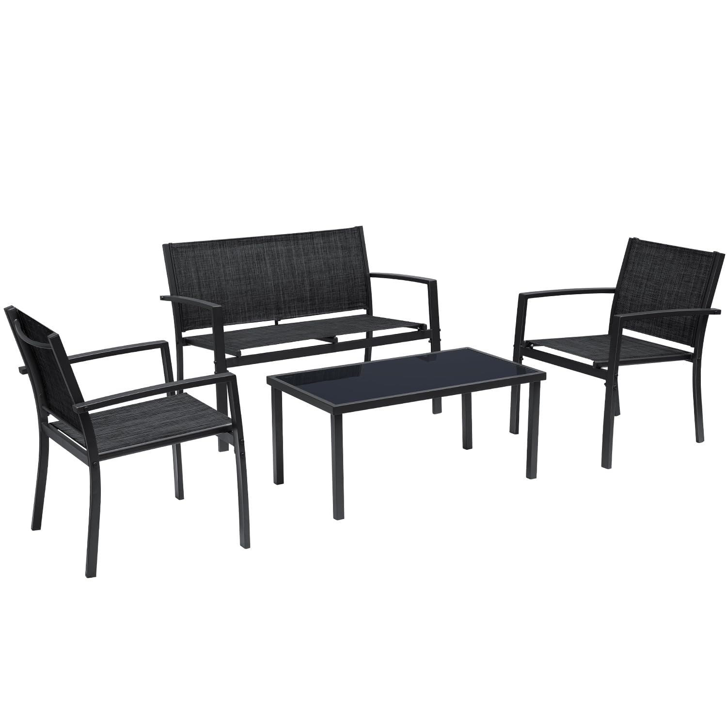 Greesum 4 Pieces Patio Furniture Set Outdoor Conversation Textilene Fabric Chairs for Lawn, Garden, Balcony, Poolside with A Glass Coffee Table, Black