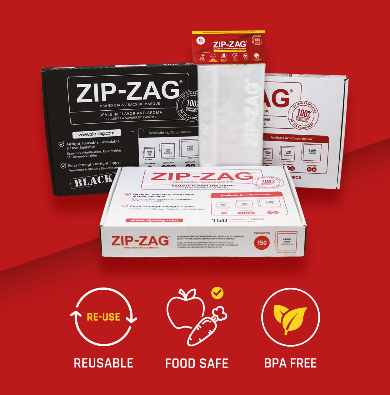 Zip Zag Bag Black (1/2 LB) 10x Large Zip Lock Bags (10.5" x 11") | Say Goodbye to Stale Herbs And Spices With Food Safe Zipper bags | Resealable, Reusable, Washable and Airtight Zipper Bags