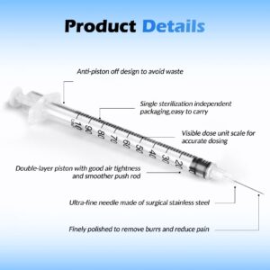 1ml 29 Gauge Syringes 1cc 1/2 Inch 13mm Lab Disposable Syringe for Refilling or Dispensing, Pack of 100