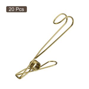 uxcell 20Pcs Clothespin with Hook Stainless Steel Universal Hanging Clips for Laundry Clothes Display Photo Storage Item (92mm Gold)