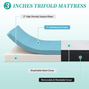 Dlewmsyic Tri-Fold Mattress, Folding Gel Memory Twin Mattress, CertiPUR-US Portable Mattress Topper with Washable Cover-Medium Firmness, for Travel, Camping, Sleepovers (Twins)