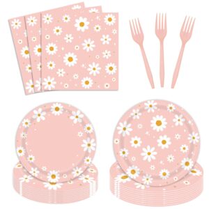 96pcs daisy birthday party tableware set - include paper plates napkins forks, one two groovy disposable party supplies decorations for girl birthday baby shower serve 24 guests