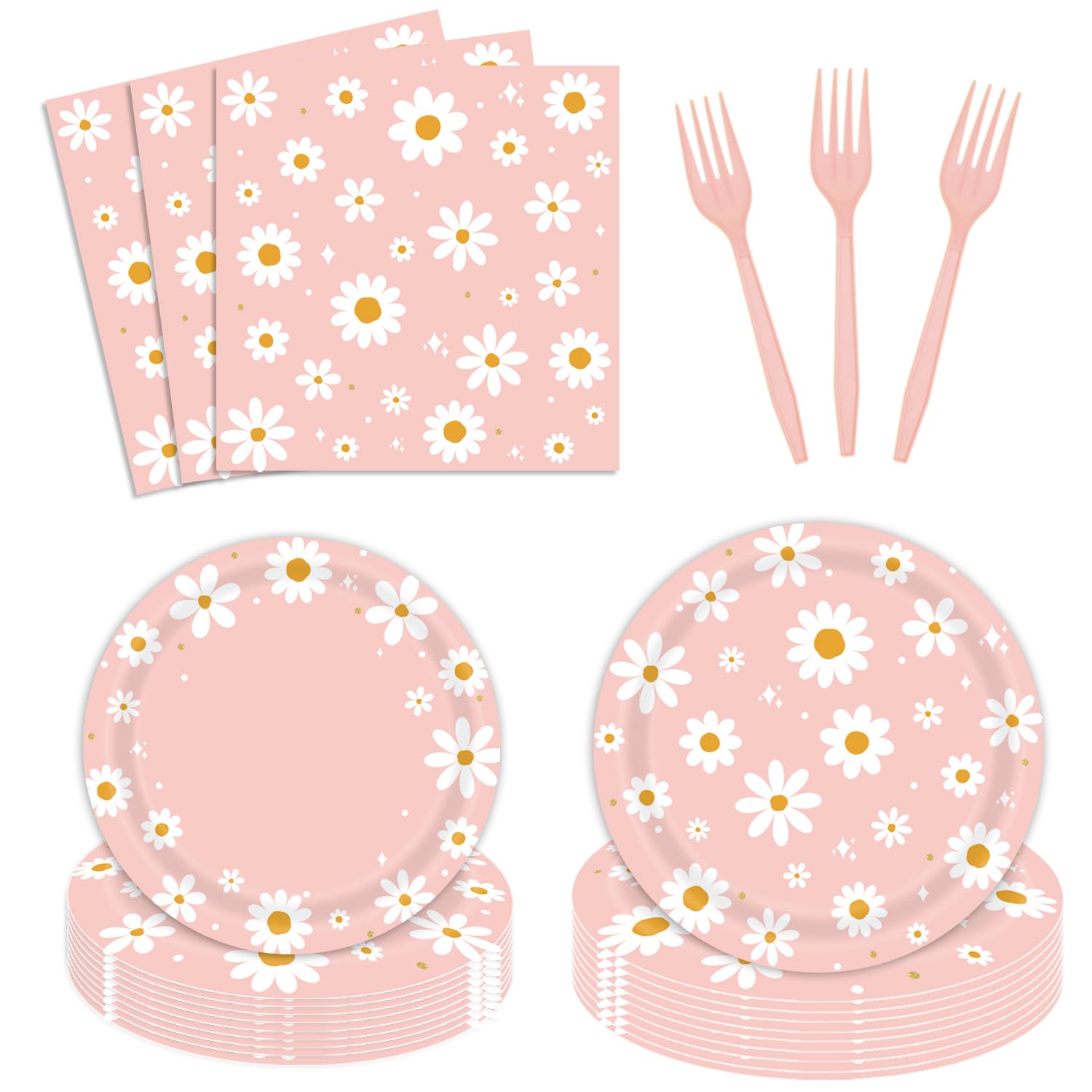 96Pcs Daisy Birthday Party Tableware Set - Include Paper Plates Napkins Forks, One Two Groovy Disposable Party Supplies Decorations for Girl Birthday Baby Shower Serve 24 Guests