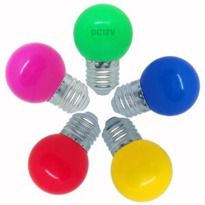 dc 12v colored low voltage light bulbs, red green blue purple yellow 1w g14 g45 mini globe 5 colors e26 bulbs, 10w equivalent for christmas halloween holiday fairy mood ambiance decor, 5 pack