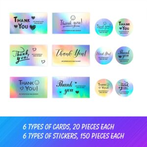 KIUKIUO 1020 PCS Thank You Cards and Stickers Set, Include 120 Thank You Holographic Business Card 900 Thank You Thank You for Supporting My Small Business Holographic Stickers