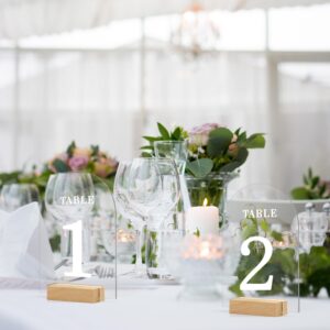 20pcs Acrylic Wedding Table Numbers with Stands, Acrylic Arch Table Numbers 1-20 White Printed Clear Table Numbers with Wood Bases for Wedding Reception Event Party Birthday Decoration