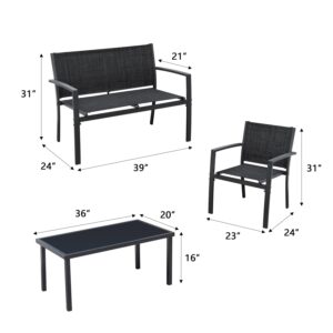 Greesum 4 Pieces Patio Furniture Set Outdoor Conversation Textilene Fabric Chairs for Lawn, Garden, Balcony, Poolside with A Glass Coffee Table, Black