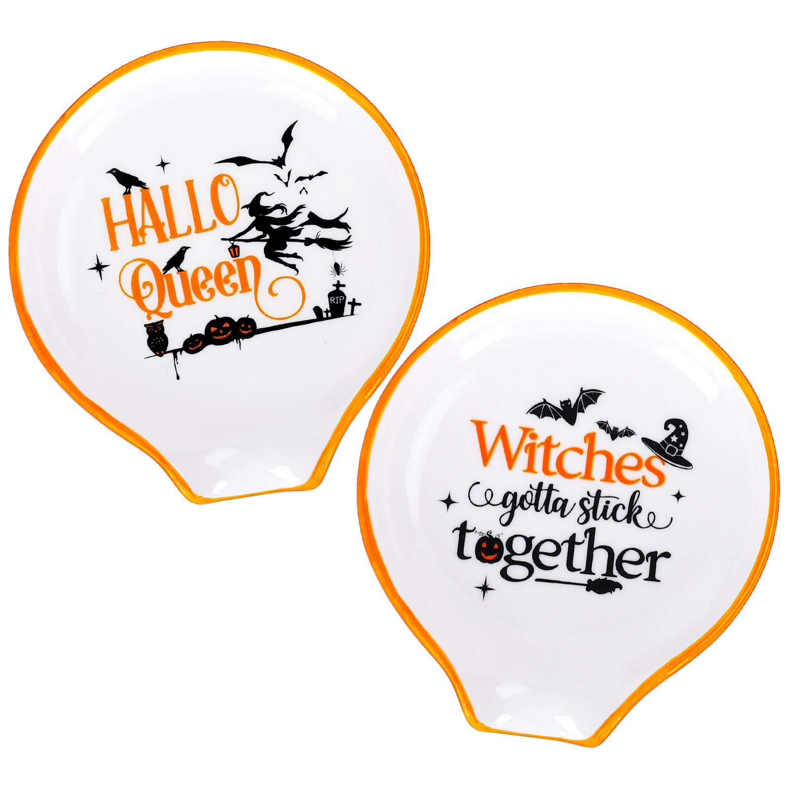 Whaline 2Pcs Halloween Witch Coffee Spoon Rest Hocus Pocus Pumpkin Bat Ceramic Teaspoon Holder Spooky Sauce Dishes Dipping Bowl Ring Dish for Halloween Teacher Gift Kitchen Office Bar Coffee Stirrers