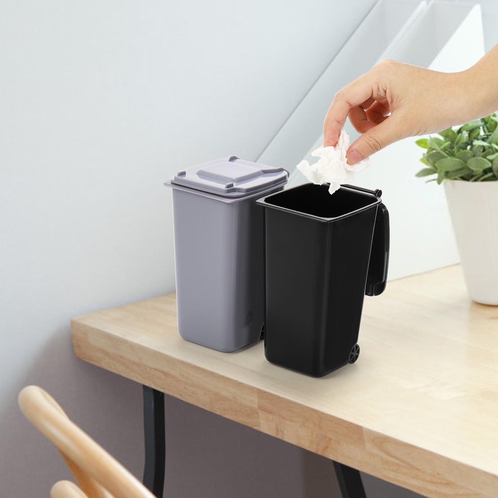 Goaste 12 Pack Mini Desk Trash Can, 22 OZ Tiny Curbside Garbage Bin with Lid, Small Plastic Desktop Wastebasket, Unique Office Pen Holder Pencil Cup, Counter Waste Basket for Home Kitchen Tabletop