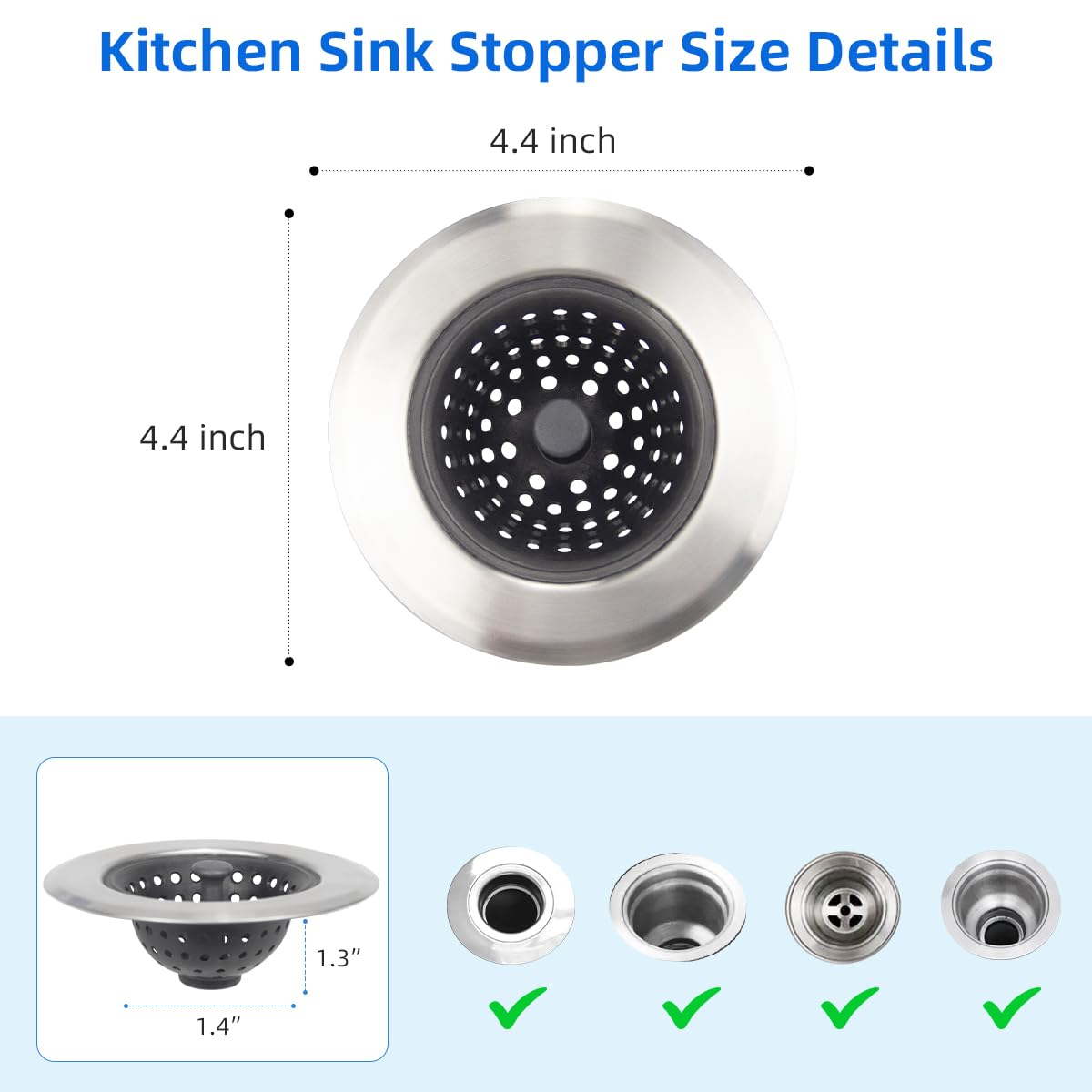 Kitchen Set of 2 Sink Strainers, Flexible Silicone Good Grip Kitchen Sink Drainers, Traps Food Debris and Prevents Clogs, Large Wide 4.5’ Diameter Rim (Silver Black)