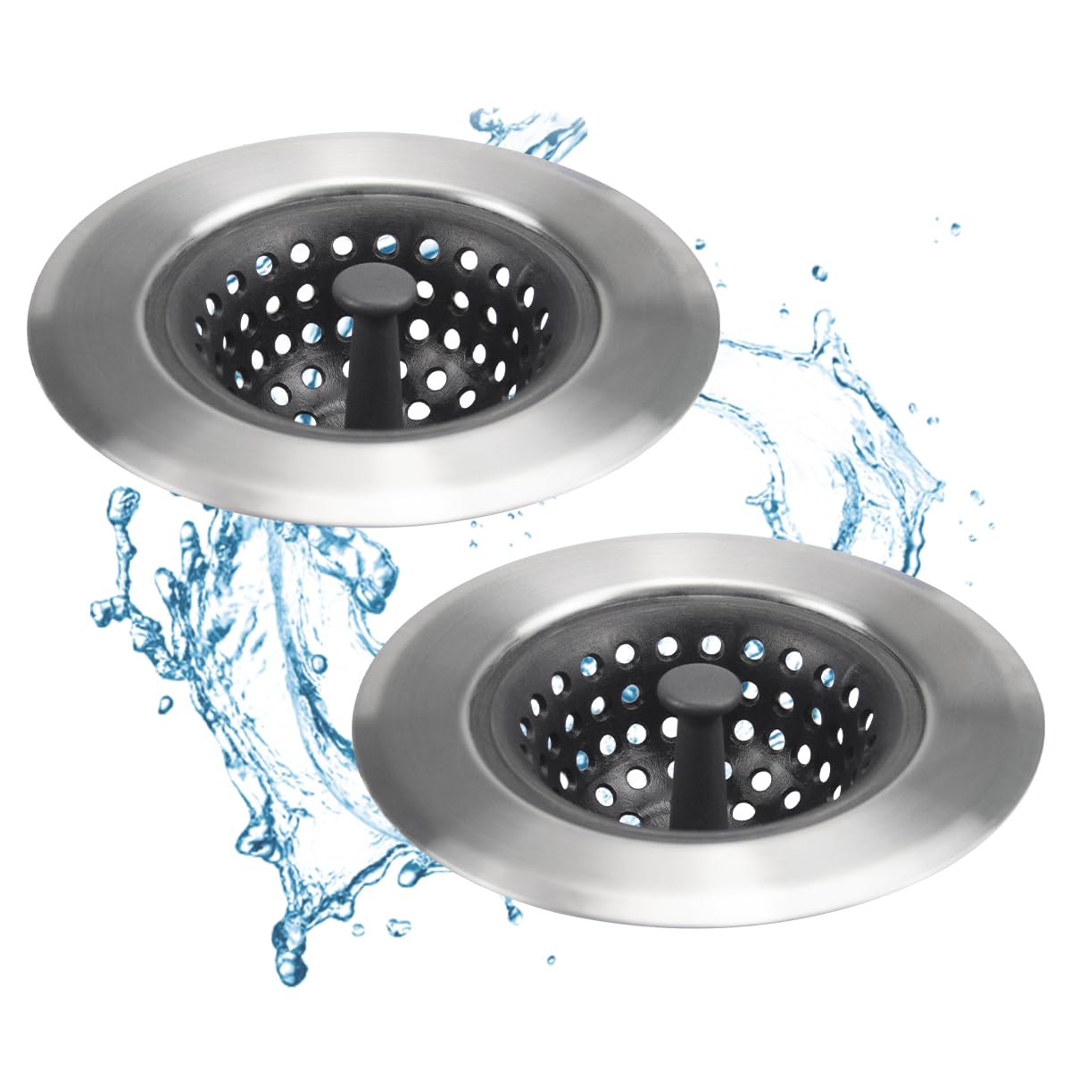 Kitchen Set of 2 Sink Strainers, Flexible Silicone Good Grip Kitchen Sink Drainers, Traps Food Debris and Prevents Clogs, Large Wide 4.5’ Diameter Rim (Silver Black)