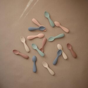 mushie Silicone Toddler Starter Spoons | 2 Pack (Blush/Shifting Sand)