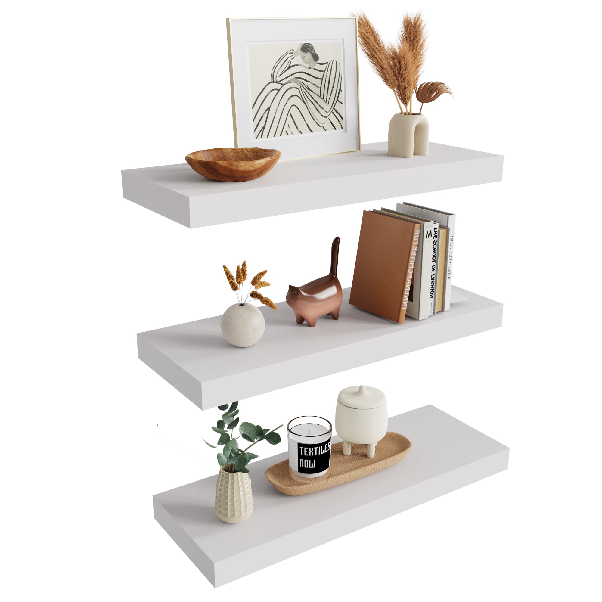 Merapi 24 Inch Floating Shelves, Wall Shelves for Bathroom, Bedroom, 1.5" Thick Hanging Shelf for Wall Storage, Wall Mounted Wooden Shelves Over Toilet, for Kitchen, Living Room (White, Set of 3)