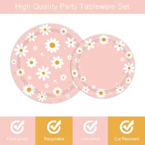 96Pcs Daisy Birthday Party Tableware Set - Include Paper Plates Napkins Forks, One Two Groovy Disposable Party Supplies Decorations for Girl Birthday Baby Shower Serve 24 Guests