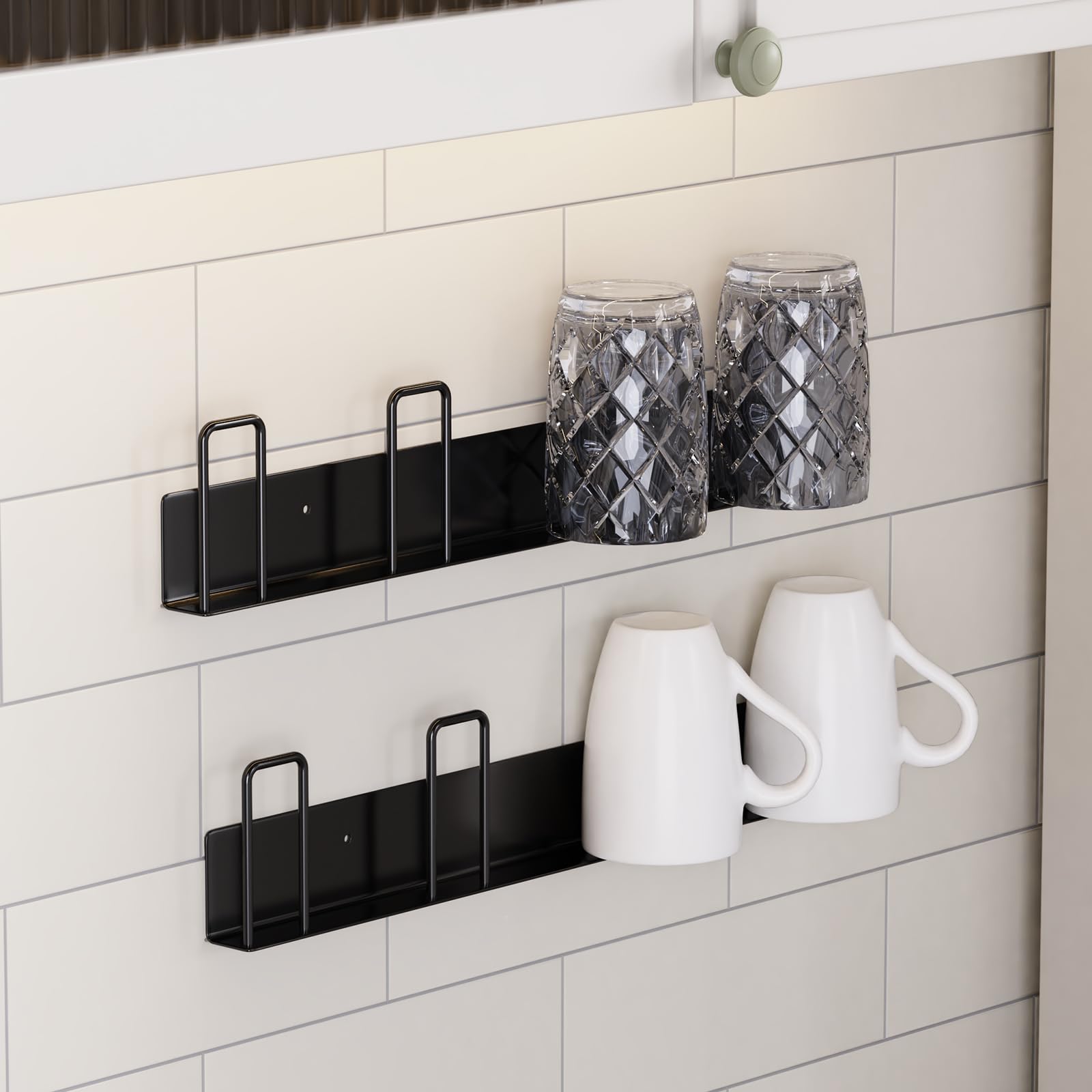 Geilihome Mug Wall Hooks No Drilling, Wall-Mounted Coffee Mug Holder Adhesive Glass Cup Rack Mug Hanger for Cupboard Storage, Kitchen Organizers, Cabinet Shelf Hanging Utensils (2pcs Black)