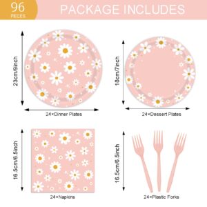 96Pcs Daisy Birthday Party Tableware Set - Include Paper Plates Napkins Forks, One Two Groovy Disposable Party Supplies Decorations for Girl Birthday Baby Shower Serve 24 Guests