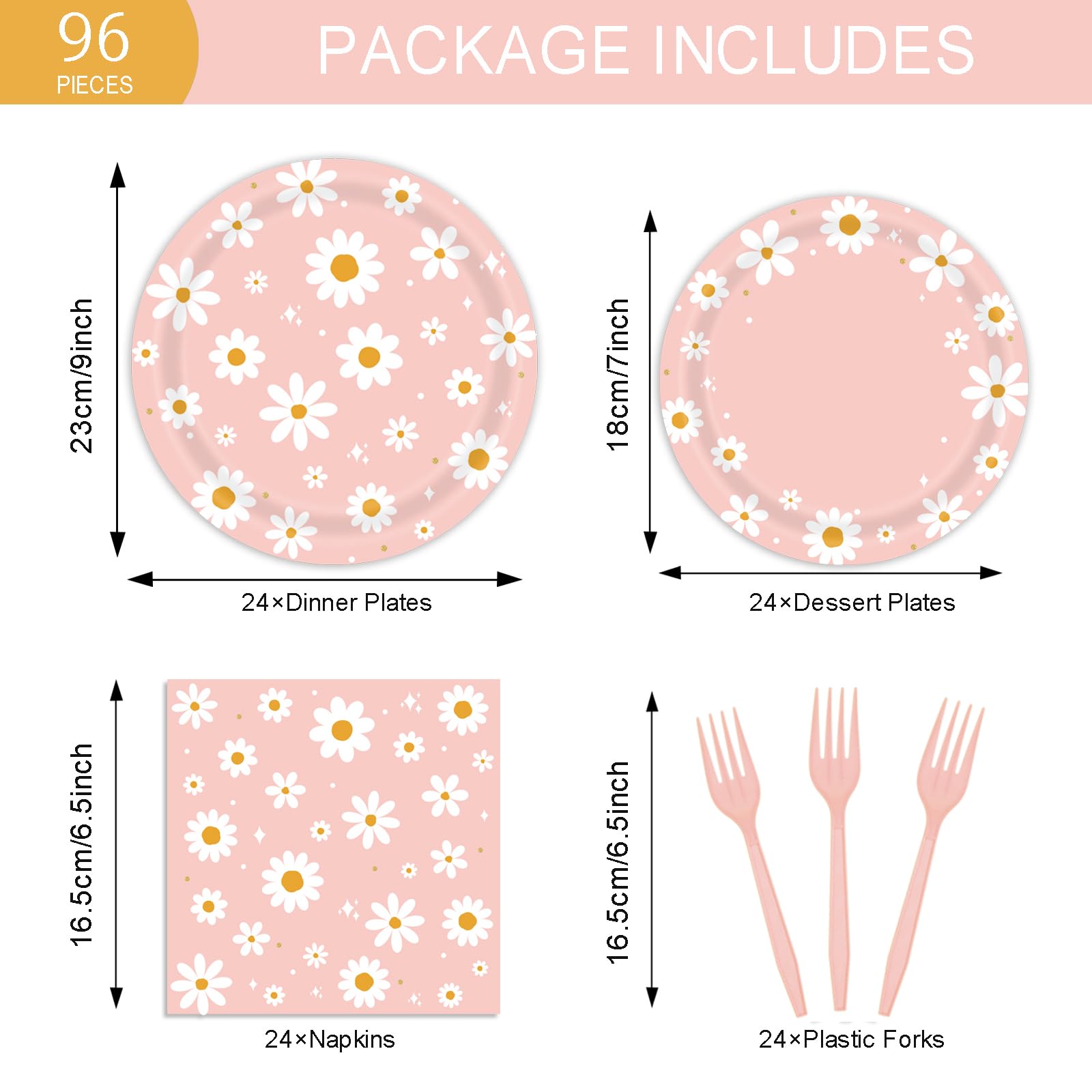 96Pcs Daisy Birthday Party Tableware Set - Include Paper Plates Napkins Forks, One Two Groovy Disposable Party Supplies Decorations for Girl Birthday Baby Shower Serve 24 Guests