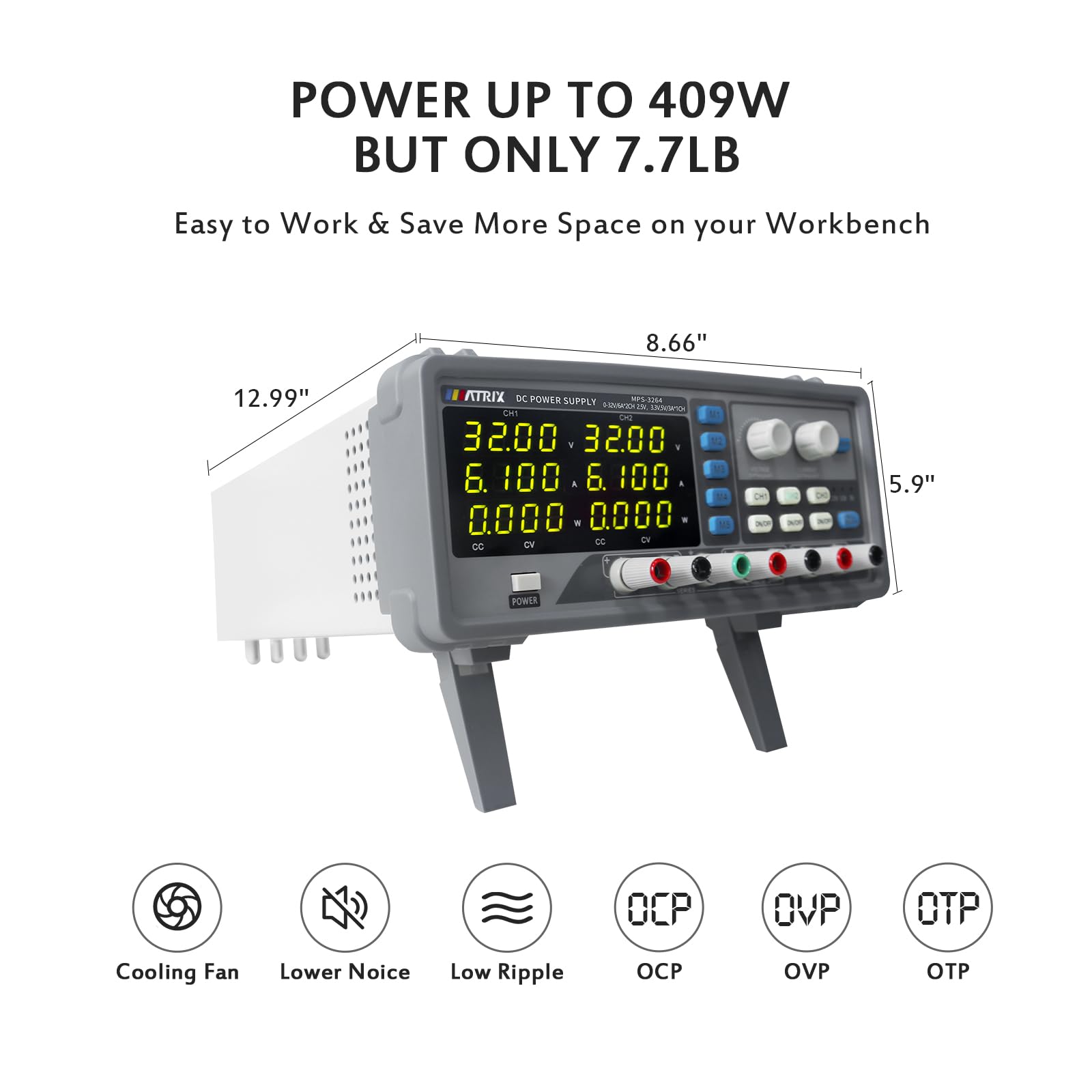 MATRIX DC Power Supply Variable 32V 6A, Adjustable Multi-Channel Power Supply MPS-3264 with One Key Series-Parallel and 5V/2A USB Output, Bench Power Supply with 5 Groups of Storage and Encoder Knob