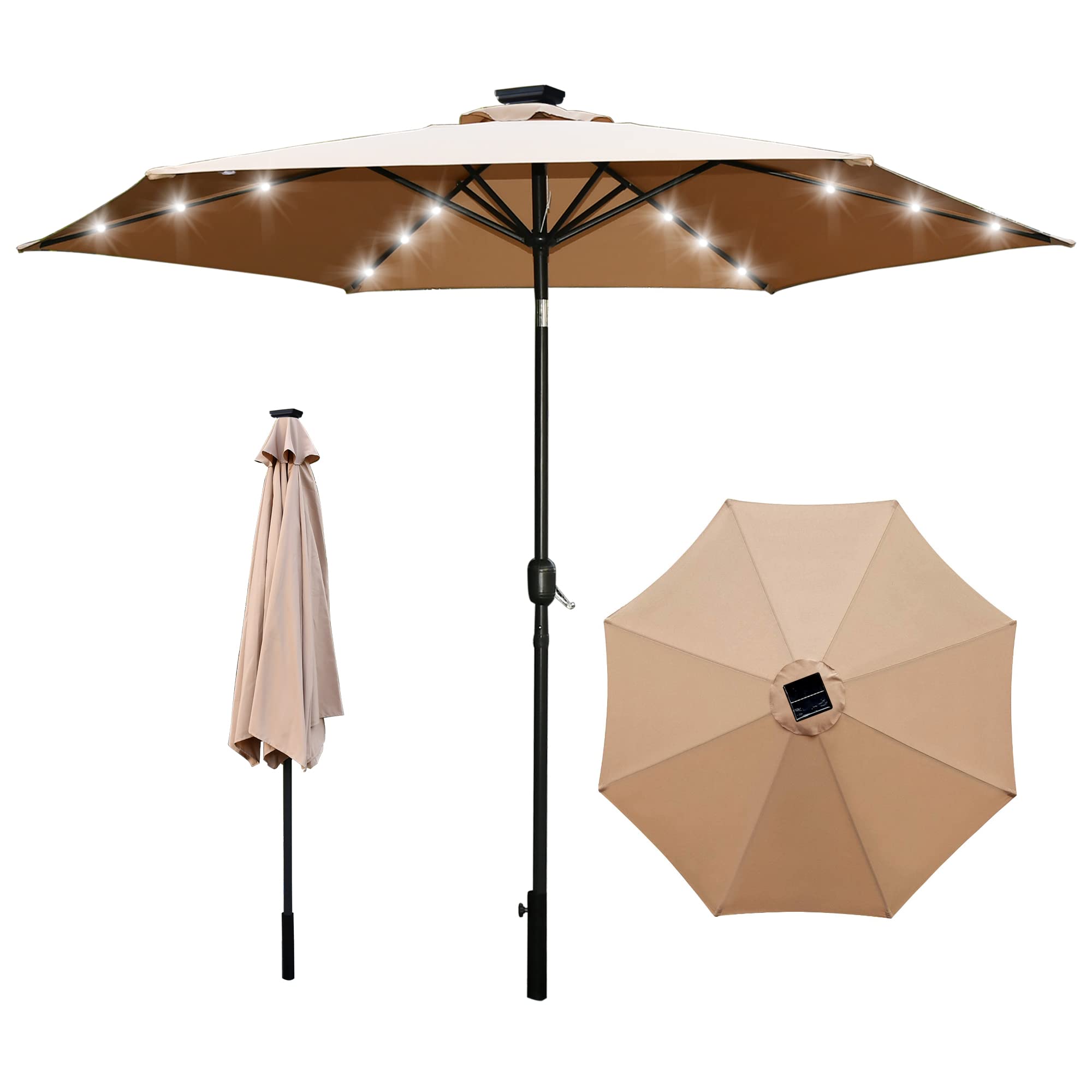 SereneLife SLSK3790.3 10ft. Patio Table Umbrella with 24 LED Lights-8 Sturdy Ribs with Push Button Tilt UV Protection, Outdoor Furniture for Garden Lawn Deck Pool and Beach