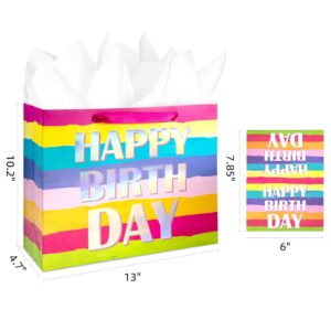 HAPMARS 13" Large Happy Birthday Gift Bag for Kids Girls Women, Colorful Birthday Party Bag with Tissue Paper & Greeting Card, Rainbow Pretty Present Bag Gift Bags