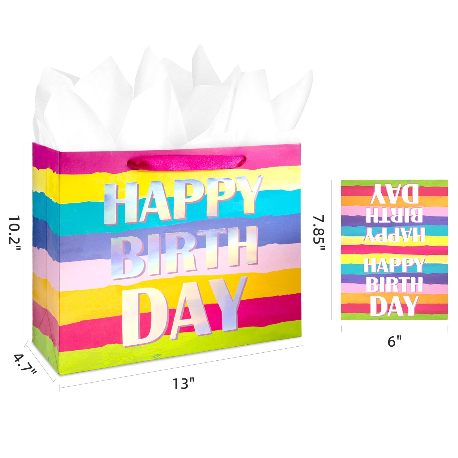 HAPMARS 13" Large Happy Birthday Gift Bag for Kids Girls Women, Colorful Birthday Party Bag with Tissue Paper & Greeting Card, Rainbow Pretty Present Bag Gift Bags