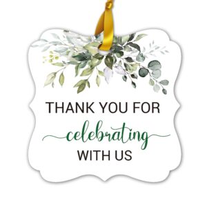 50 thank you favor tags, thank you for celebrating with us gift tags for weddings, bridal showers, birthdays, parties, baby showers, 2-inch with 2 rolls of ribbon 20m/65.6ft. greenery