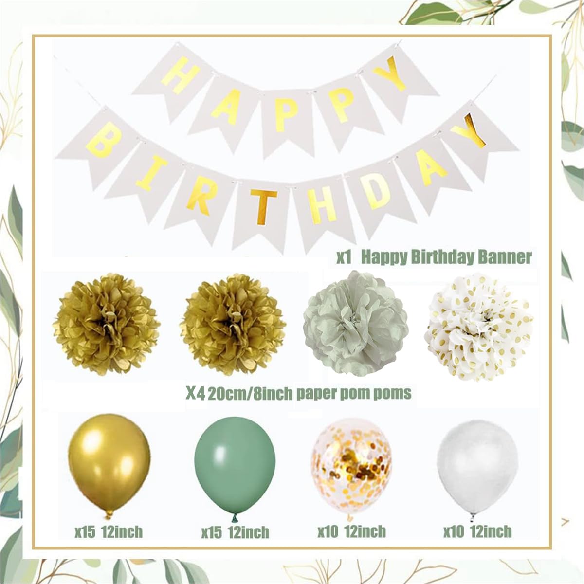 Sage Green Birthday Party Decorations for Women - Green and Gold Bridal Shower Decorations Balloon Arch Kit Tissue Pom Poms Green Boho Party Decor for Safari Jungle Baby Shower Wedding