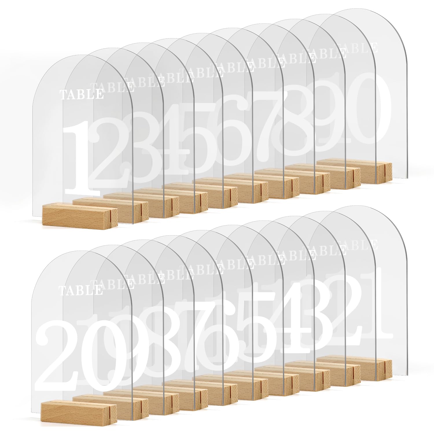 20pcs Acrylic Wedding Table Numbers with Stands, Acrylic Arch Table Numbers 1-20 White Printed Clear Table Numbers with Wood Bases for Wedding Reception Event Party Birthday Decoration