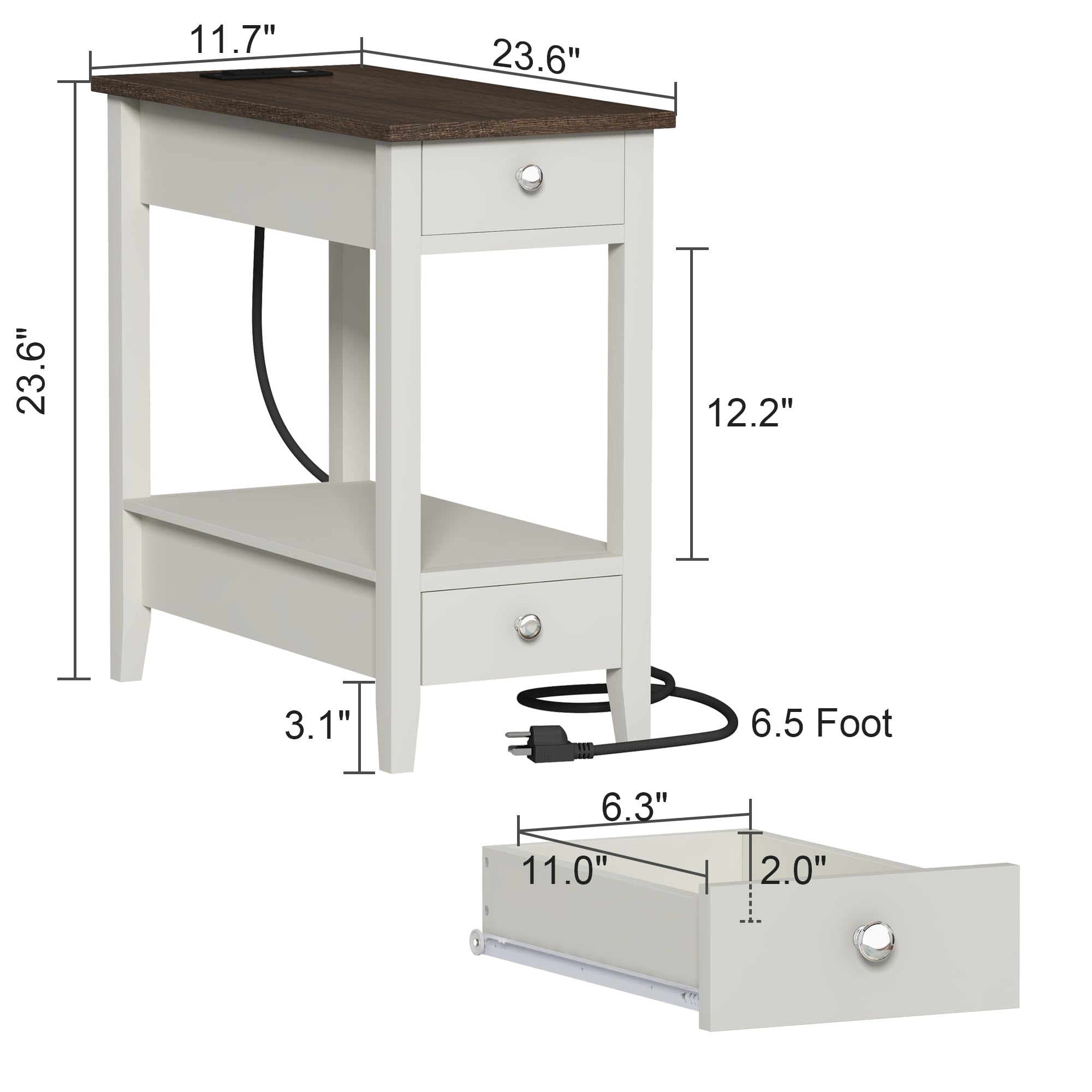 Treocho Farmhouse End Table with Charging Station, Narrow Side Table with Storage, 2-Drawer Nightstand with USB Ports & Power Outlet, White Sofa Bedside Table for Small Spaces, Living Room, Bedroom