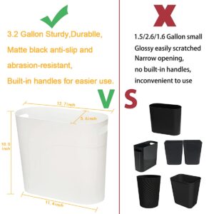 LOSYHU 2 Pack Small Narrow Trash Can with Handles 3.2 Gallon/12 L White Slim Waste Basket Office Narrow Garbage Bin Slim Garbage Container Bin Fits Bathroom, Under Desk, Home