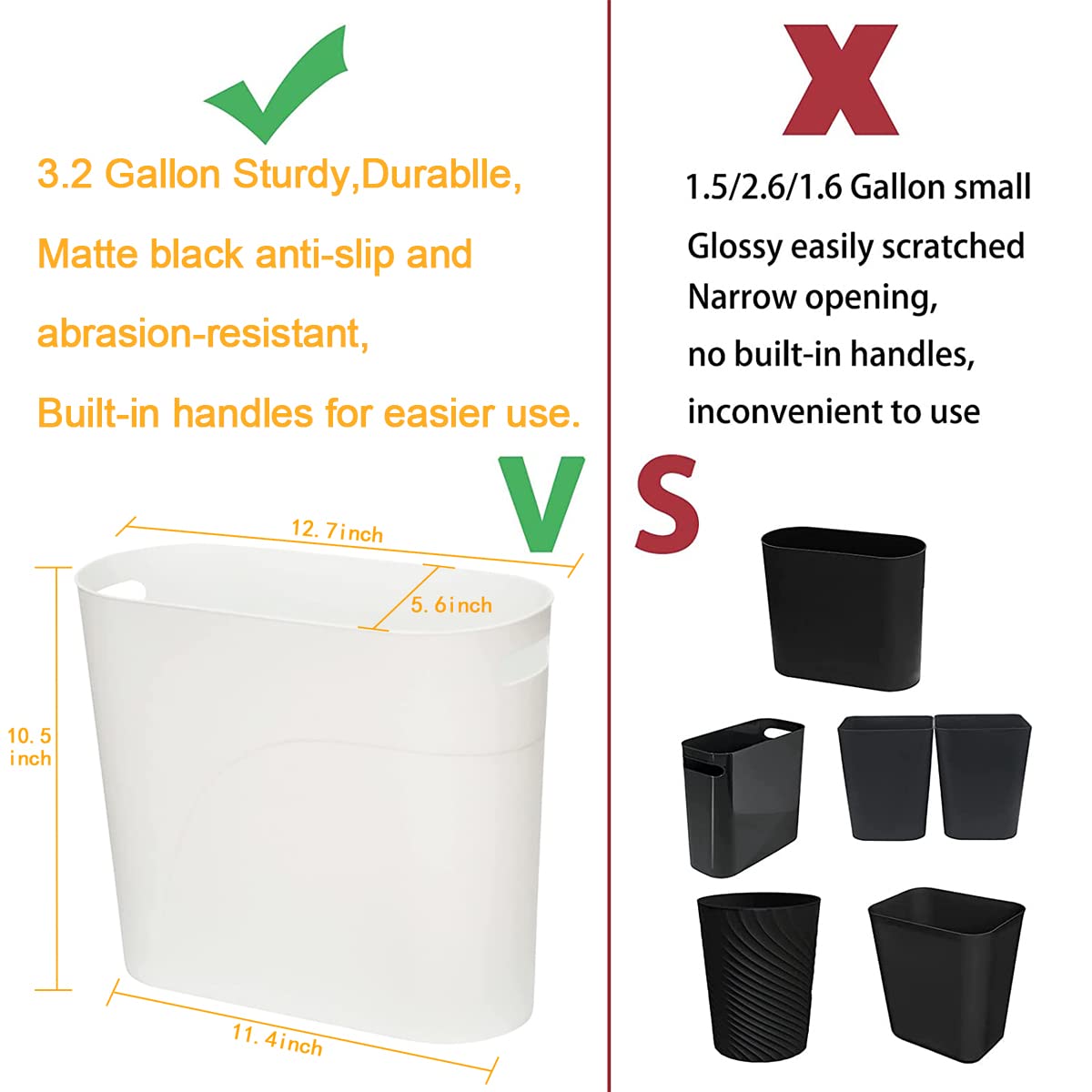 LOSYHU 2 Pack Small Narrow Trash Can with Handles 3.2 Gallon/12 L White Slim Waste Basket Office Narrow Garbage Bin Slim Garbage Container Bin Fits Bathroom, Under Desk, Home