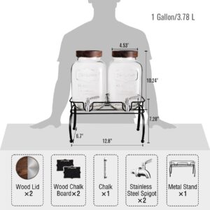 mustry Glass Drink Dispenser for Parties, 1 Gallon Beverage Dispenser with Stand and Spigot Solid Stainless Steel, Used as Lemonade Dispenser Sun Tea Jar Kombucha Jar, Set of 2