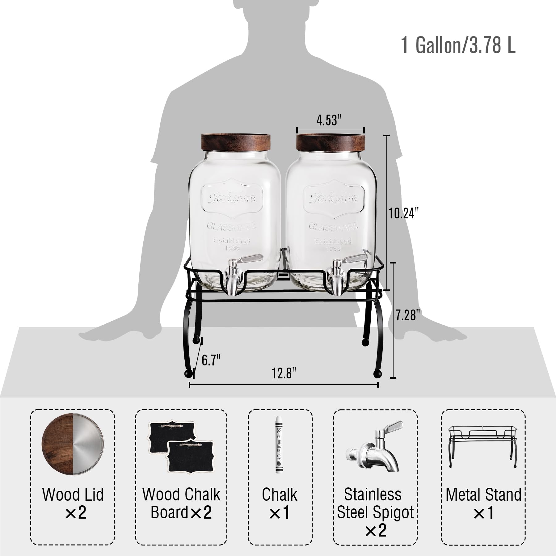 mustry Glass Drink Dispenser for Parties, 1 Gallon Beverage Dispenser with Stand and Spigot Solid Stainless Steel, Used as Lemonade Dispenser Sun Tea Jar Kombucha Jar, Set of 2