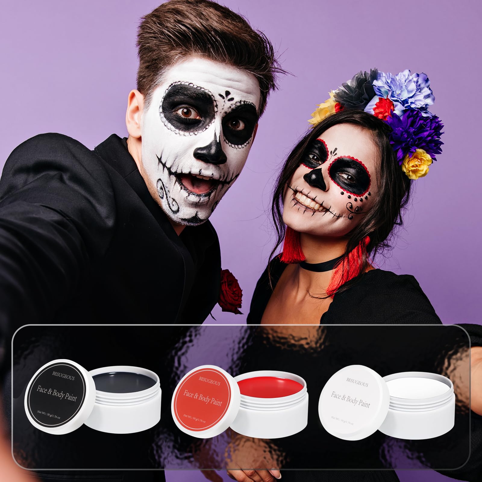 BESUGEOUS White Black Red Face Body Paint Kit, Professional Oil Based Skeleton Zombie Joker Clown Vampire Skull Halloween Face Painting, Costume SFX Cosplay Special Effect Makeup, 150g/5.28oz