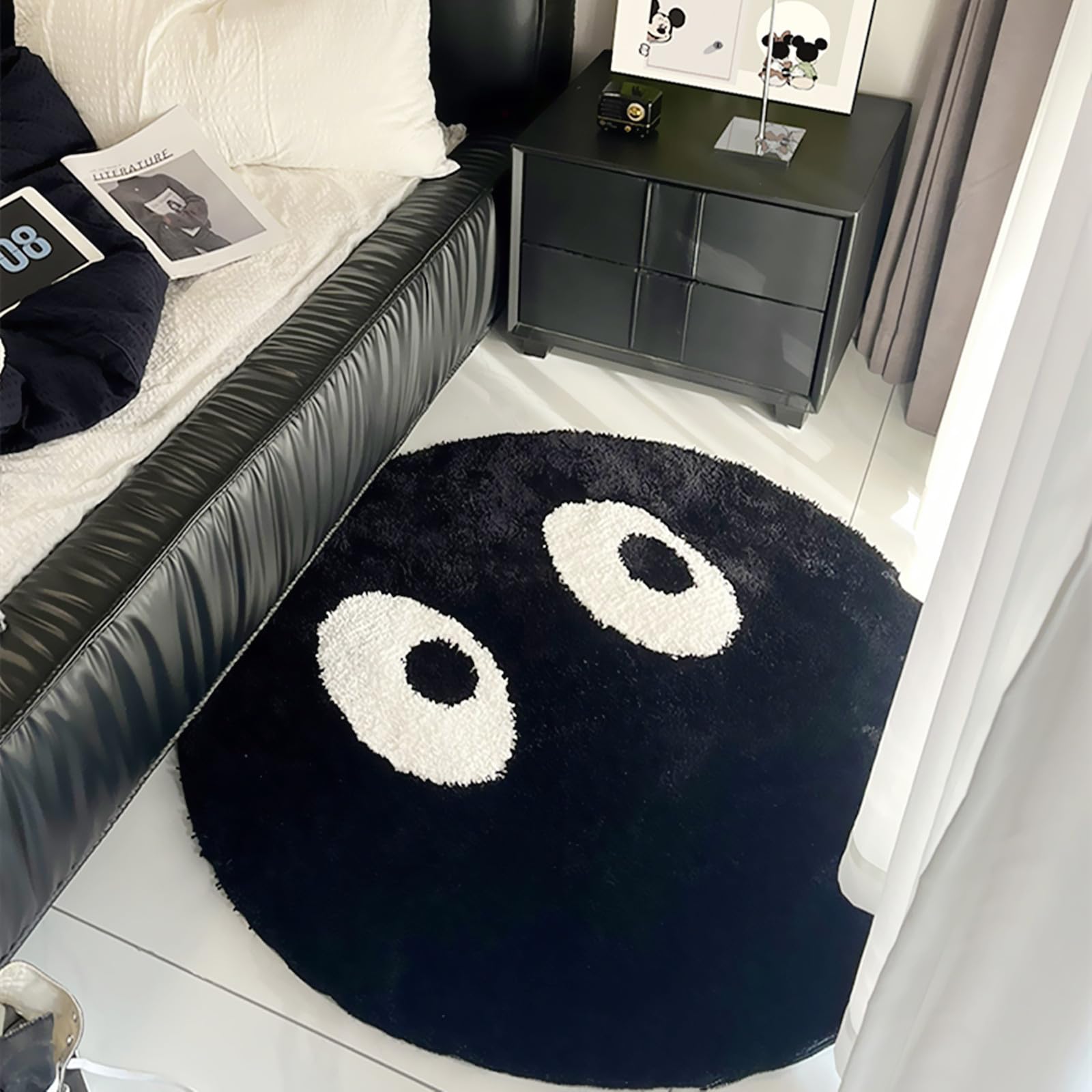 LEVINIS Funny Round Rug, Black and White Area Rugs Cute Eyes Bedroom Bedside Rug Shaggy Non-Slip Flocking Accent Floor Rug for Living Room, Kids Room, Office, Home Décor Rug 40"