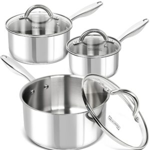 MICHELANGELO Saucepan Set 6pc, 18/10 Stainless Steel Sauce Pan with Lid, Tri-Ply Bottom Sauce Pot Set, Nonstick Saucepan, Induction Compatible, 1QT & 2QT &3QT