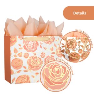 DecorWoo 13" Rose Gold Large Gift Bag with Card and Tissue Paper, Foil Flowers Gift Bag for Birthdays, Bridal Showers, Mothers day, Anniversaries, Weddings