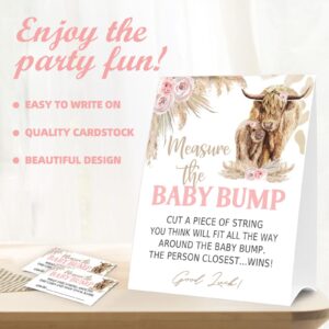 Baby Shower Games Measure the Baby Bump Sign, How Big is Mommy's Belly Party Favors Supplies, 5x7 Inch Kraft Standing Sign and 50 Guessing Cards, Holy Cow, Boho Pink Highland Cow