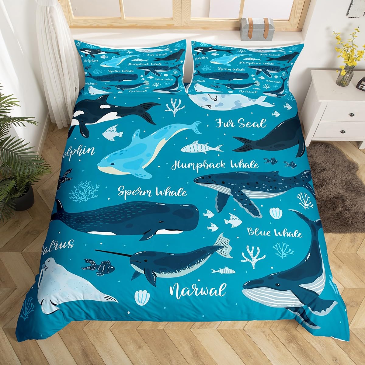 Erosebridal Whale Duvet Cover Twin for Kids Boys Girls,Coastal Sea Animal Fish Dolphin Seal Sea Lion Bedding Set,Beach Ocean Creatures Under The Sea Bed Set,Tropical Nautical Sea Marine Life Bed Sets