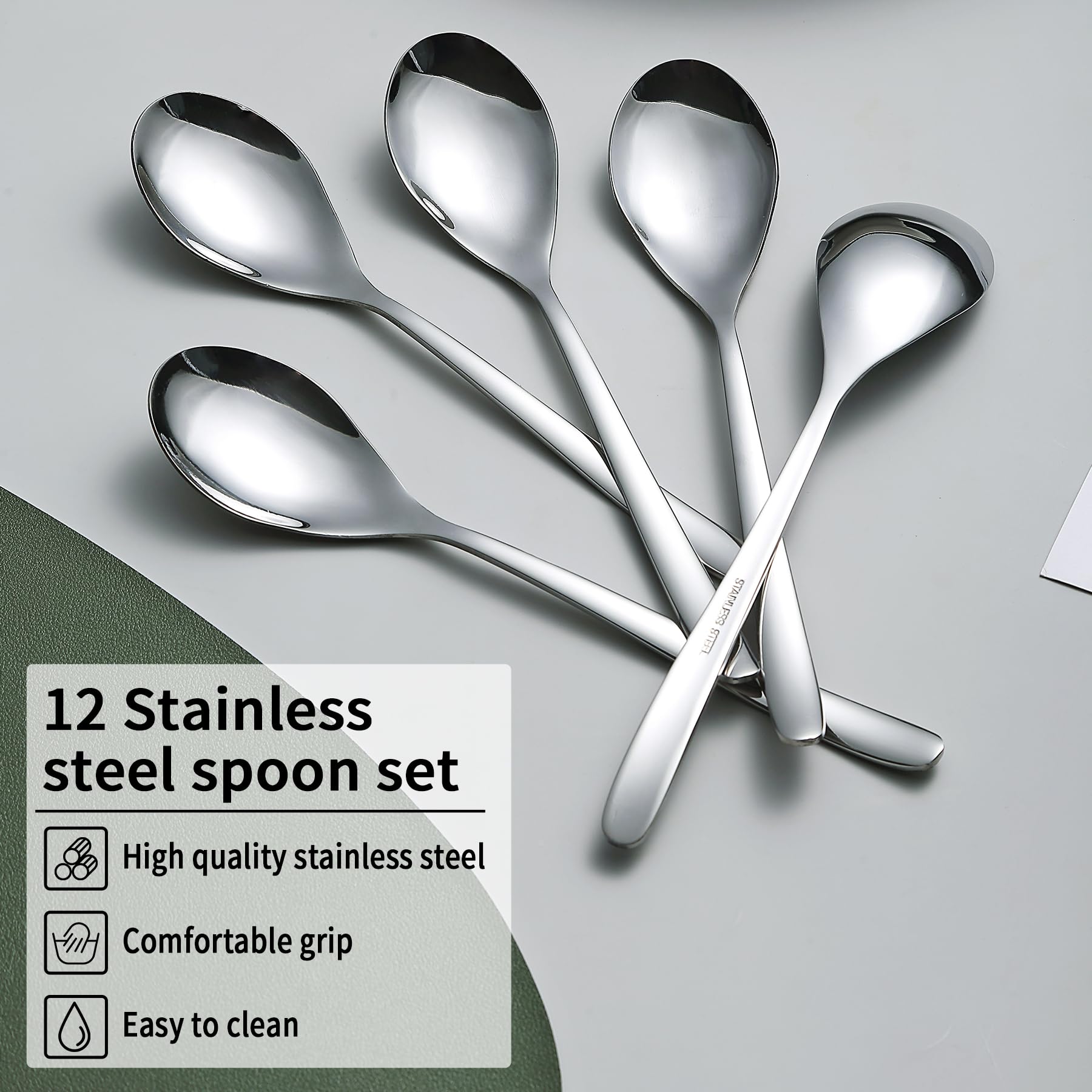 Kyraton Dinner Spoons Set of 12 Pieces, 8" Stainless Steel Table Spoons, Soup Spoons, Spoons Silverware Set, Dishwasher Safe