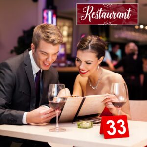 100 Pcs Acrylic Table Numbers 1-100 Double Side Numbered Table Tents Restaurant Wedding Table Tent Cards for Party Banquets Service Evidence Markers Supplies, 2.5 x 2 x 1.6 Inch (Red Background)