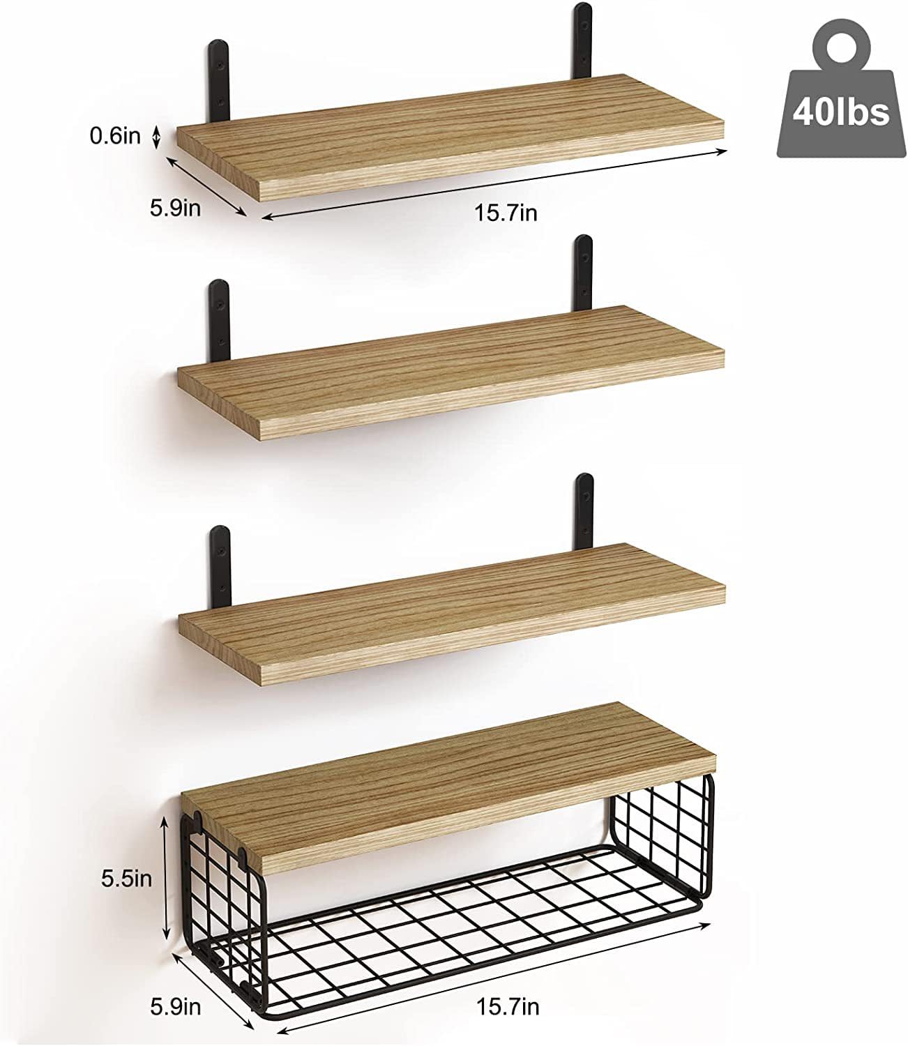 Longzhuo 4+1 Tier Floating Shelves, Rustic Wood Wall Shelf, Bathroom Shelves Over Toilet with Wire Storage Basket, Farmhouse Wall Decor for Bedroom, Kitchen, Living Room and Plants, Brown