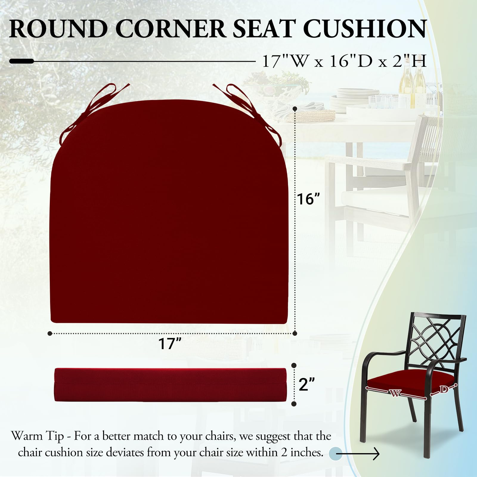 Wellsin Outdoor Chair Cushions for Patio Furniture - Patio Chair Cushions Set of 2 - Waterproof Round Corner Outdoor Seat Cushions 17"X16"X2", Burgundy