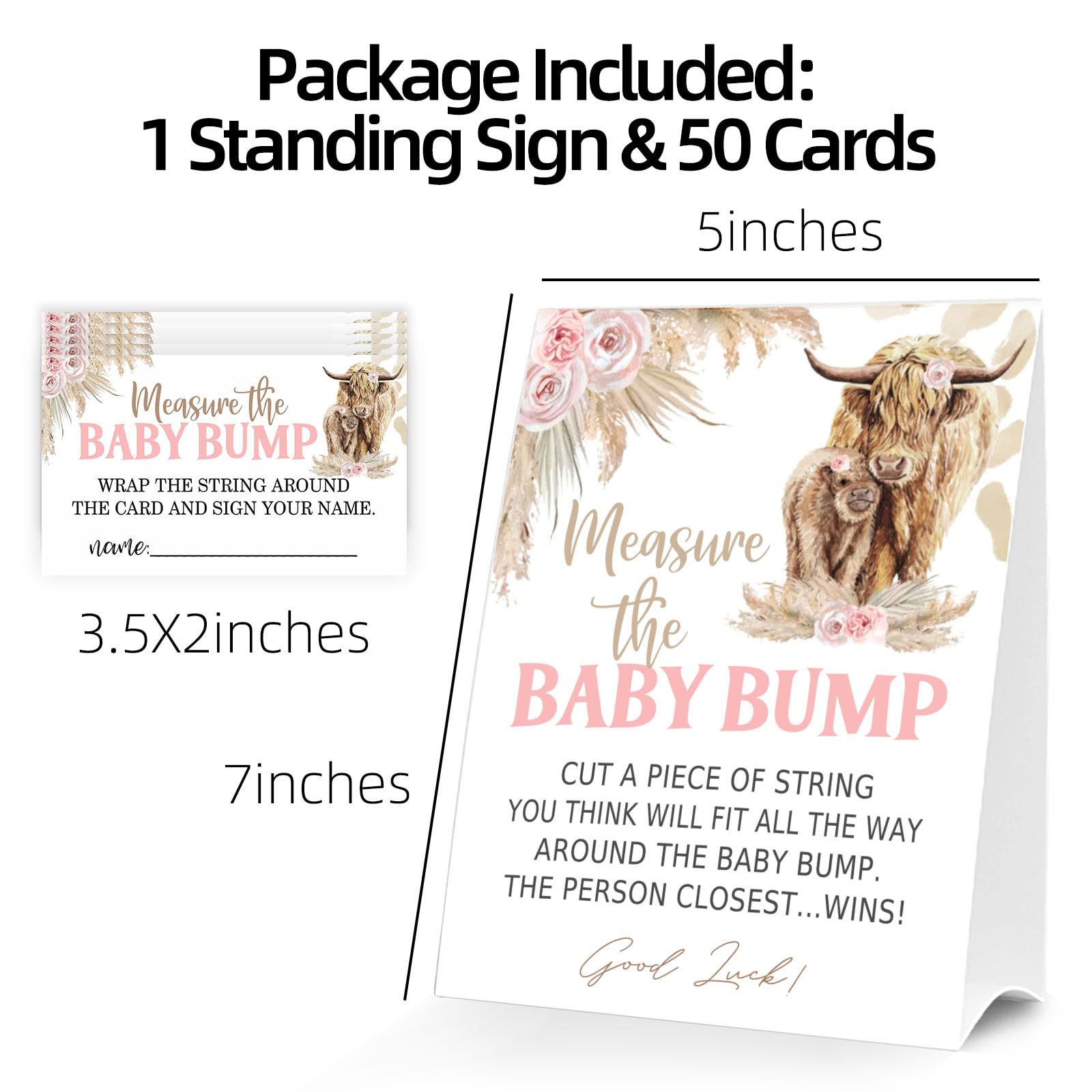 Baby Shower Games Measure the Baby Bump Sign, How Big is Mommy's Belly Party Favors Supplies, 5x7 Inch Kraft Standing Sign and 50 Guessing Cards, Holy Cow, Boho Pink Highland Cow