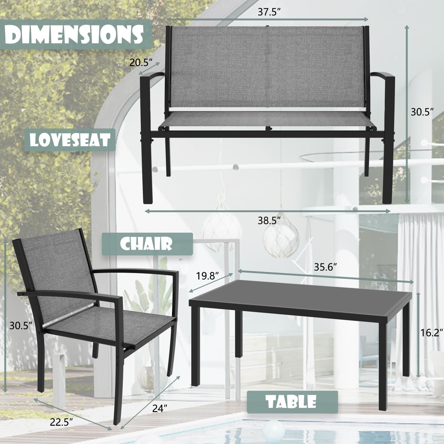 Greesum GS-LCT4PCSGY 4 Pieces Patio Furniture Set Outdoor Conversation Textilene Fabric Chairs for Lawn, Garden, Balcony, Poolside with A Glass Coffee Table, Gray